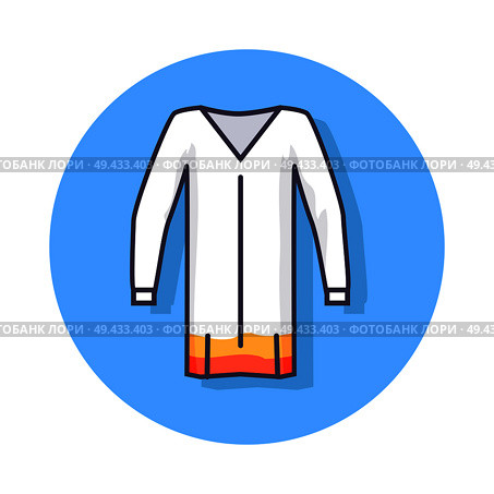 Circle icon depicting beachwear item. Vector illustration of white unisex beach tunic with orange bottom edge isolated on light blue background. Circle Icon Depicting Unisex Beach Tunic. Стоковая иллюстрация, агентство Ingram Publishing / Фотобанк Лори