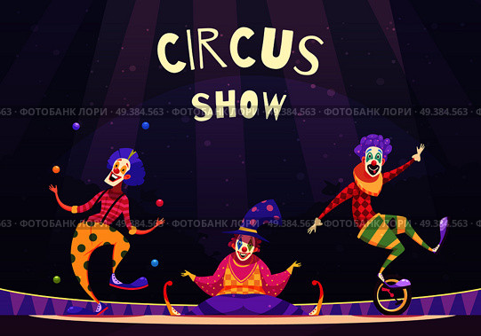 Circus show with clowns on arena including juggler, comedian, performer on unicycle, on purple background vector illustration. Circus Show Clowns Illustration. Стоковая иллюстрация, агентство Ingram Publishing / Фотобанк Лори