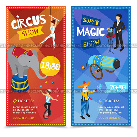 Circus Vertical Isometric Banners . Circus vertical isometric banners with trapeze artist, juggler, super magic show, clown, performing animals isolated vector illustration  . Стоковая иллюстрация, агентство Ingram Publishing / Фотобанк Лори