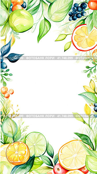 Citrus slices with green leaves and fruits on a white background. Стоковое AI-изображение, AI-художник Margarita Davchenko / Фотобанк Лори