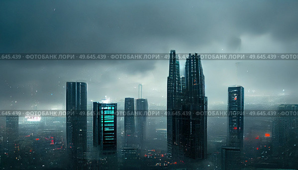 City in virtual reality, aerial view of cyberpunk city under storm clouds. City in virtual reality. Стоковое фото, агентство Ingram Publishing / Фотобанк Лори