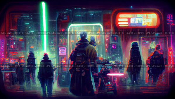 City in virtual reality, people walking cyberpunk city street in neon lights. City in virtual reality. Стоковое фото, агентство Ingram Publishing / Фотобанк Лори