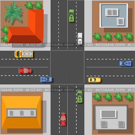 City intersection with the rooftops view from above with cars and trees. City intersection with the rooftops. Стоковая иллюстрация, агентство Ingram Publishing / Фотобанк Лори