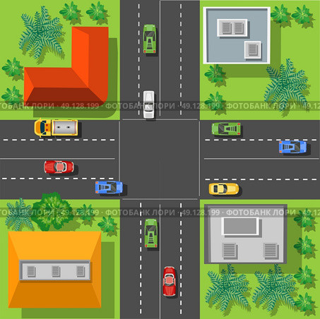 City intersection with the rooftops view from above with cars and trees. City intersection rooftops. Стоковая иллюстрация, агентство Ingram Publishing / Фотобанк Лори