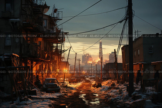 City ​​street at dusk. To the left and right you can see old, abandoned buildings, many wires and dilapidated structures. There is snow on the street, in which puddles of dirty water are visible. In the distance you can see modern skyscrapers, brightly lit with lights, creating a contrast with the foreground. The atmosphere of the image is dark and somewhat post-apocalyptic, with elements of urban neglect and ruin. Стоковое AI-изображение, AI-художник Анна Кривицкая / Фотобанк Лори