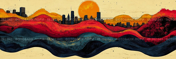 Cityscape Mirage: A sunset scene of an urban skyline emerging from vibrant, stylized, undulating landscapes, creating a dreamlike, otherworldly scenery. Стоковое AI-изображение, AI-художник Данила Большаков / Фотобанк Лори