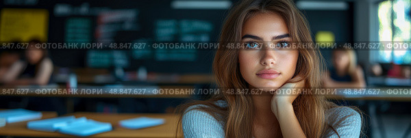Classroom portrait: Young student in a learning environment. Стоковое AI-изображение, AI-художник Данила Большаков / Фотобанк Лори