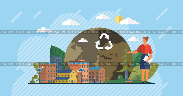 Clean city vector illustration. By creating supportive environment for eco-friendly choices, city empowers its residents to be active participants in building sustainable future In metaphorical garden. Clean city. It recognizes healthy environment is crucial for well-being and quality of life of its residents. Стоковая иллюстрация, агентство Ingram Publishing / Фотобанк Лори