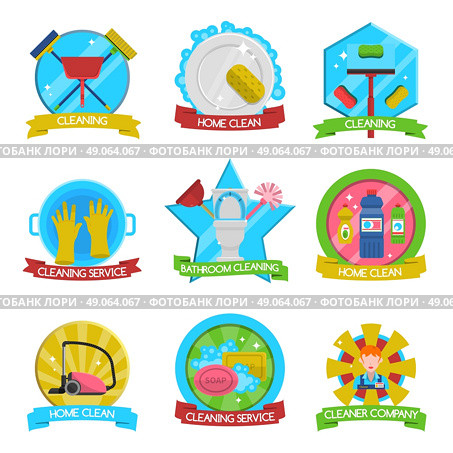 Cleaning Emblems Set . Cleaning emblems set with cleaning service and company symbols flat isolated vector illustration . Стоковая иллюстрация, агентство Ingram Publishing / Фотобанк Лори