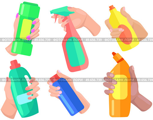 Cleaning liquid and spay icon flat vector. Plastic bottles of antiseptic substances set. Anti-bacterial sanitizers for cleaning. Premises cleaning, infection control concept. Home and personal hygiene. Cleaning liquid and spay icon flat vector. Plastic bottles of antiseptic substances, sanitizers set. Стоковая иллюстрация, агентство Ingram Publishing / Фотобанк Лори