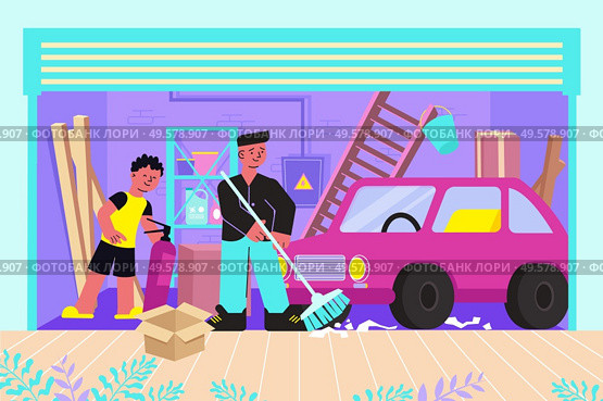 Cleaning messy garage of junk flat composition with father son sweeping floor removing clutter vector illustration. Стоковая иллюстрация, агентство Ingram Publishing / Фотобанк Лори
