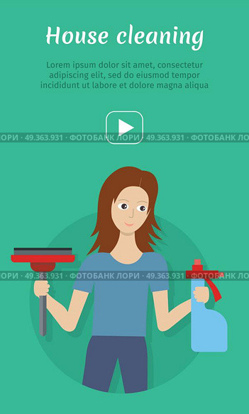 Cleaning service conceptual vector web banner. Flat style. Smiling woman with sprayer and wiper. Illustration with play button for housekeeping online services, sites, video, corporate animation. Cleaning Service Flat Style Vector Web Banner. Cleaning Service Flat Style Vector Web Banner. Стоковая иллюстрация, агентство Ingram Publishing / Фотобанк Лори