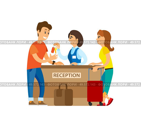 Clients customers on hotel reception, traveling people. Husband and wife getting apartment, receptionist at hostel. Service for tourists travelers. Vector illustration in flat cartoon style. Hotel Reception, Receptionist with Keys and Client. Стоковая иллюстрация, агентство Ingram Publishing / Фотобанк Лори