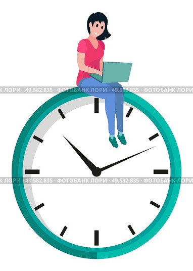 Clock showing time vector, isolated woman working on laptop typing information in gadget. Person with computer managing tasks freelancer with assignment. Time Management, Woman Working on Laptop on Clock. Стоковое фото, агентство Ingram Publishing / Фотобанк Лори