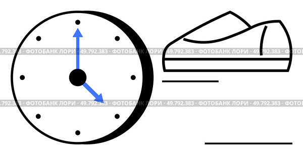 Clock with blue hands and black dots, paired with a simple sneaker drawing, symbolizes efficient time management and focusing on fitness. Ideal for fitness planning, time tracking, workout. Minimalist Design of Clock and Sneakers Representing Time Management and Fitness Prioritization. Стоковая иллюстрация, агентство Ingram Publishing / Фотобанк Лори