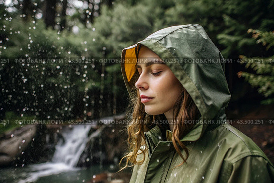 Close-up. A happy young woman in a raincoat enjoys the rain on the background of a green forest, the concept of enjoying a natural leisurely life, environment, lifestyle. Стоковое AI-изображение, AI-художник Photojuli / Фотобанк Лори
