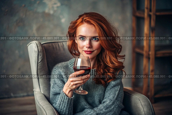 Close-up. A modern, stylish, beautiful woman with red hair and a glass of red wine in an armchair in the living room of the house. Стоковое AI-изображение, AI-художник Photojuli / Фотобанк Лори