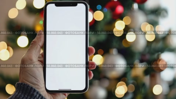 Close up black smartphone with blank screen in woman hand. Digital phone mock up. Christmas online shopping. Mobile phone with empty screen on background of Christmas tree lights. Tablet. Copy space. Стоковое AI-видео, аниматор Марина Демидюк / Фотобанк Лори