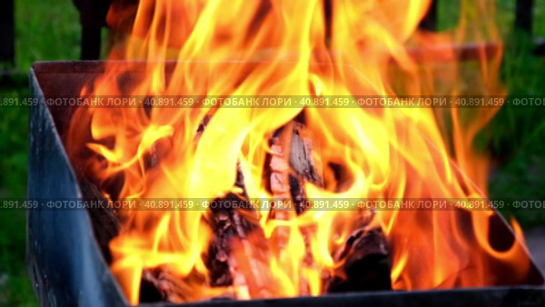 Close up bonfire flames of camping fire, Slow motion. Burning firewood fire. Burning bonfire outdoors. Fire with brickwork on a picnic. Chargrill, grill, brazier. Стоковое видео, видеограф Марина Демидюк / Фотобанк Лори