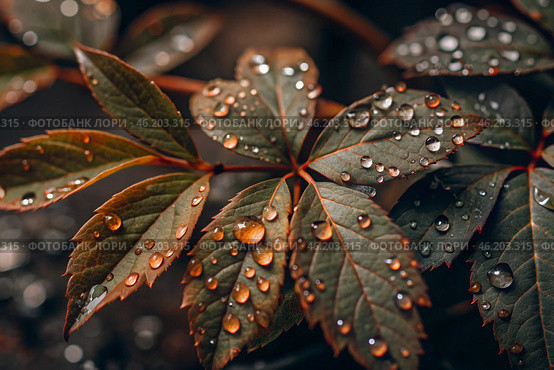Close-up macro shot of red-green leaves, drops of water on the leaves. The texture. Стоковое AI-изображение, AI-художник Photojuli / Фотобанк Лори