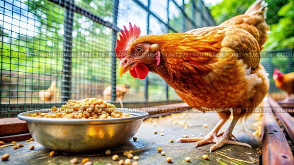 Close Up Of A Brown Hen Eating Food In A Metal Bowl In A Chicken Coop. Generative AI. Стоковое AI-изображение, AI-художник Roman Zavorotny / Фотобанк Лори