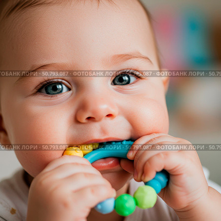 Close up of a caucasian baby chewing on a colorful silicone teether. Adorable child experiencing teething discomfort. Infant care, development stages. Стоковое AI-изображение, AI-художник Анжелика Самсонова / Фотобанк Лори