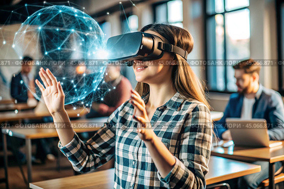 Close-up of a girl wearing virtual reality glasses. The child is in the classroom, with other students in the background. The digital interface is displayed in the headphones. Стоковое AI-изображение, AI-художник Photojuli / Фотобанк Лори