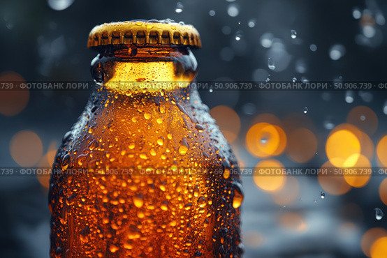 Close-up of a glass bottle with an amber-colored drink covered with drops of condensation. In the background there is a warm bokeh of orange lights, creating a cozy and atmospheric composition. The bottle is closed with a metal cap. The image is perfect for advertising campaigns of drinks, beer brands, refreshing products, summer marketing and visual solutions related to bar culture or parties. Стоковое AI-изображение, AI-художник Анна Кривицкая / Фотобанк Лори