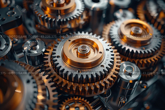 Close-up of a mechanism consisting of many toothed gears. The gears are made of metal and are tightly interlocked with each other, which emphasizes their importance in transmitting motion. The color scheme includes shades of silver and copper, which adds aesthetic appeal to the image. The lighting creates vibrant highlights on the surface of the metal, highlighting the texture and detail of each gear. The stage looks high-tech and carefully designed. Стоковое AI-изображение, AI-художник Анна Кривицкая / Фотобанк Лори