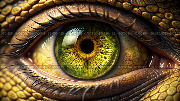Close-Up of a Reptilian Eye With Green Iris and Scaly Skin. Generative AI. Стоковое AI-изображение, AI-художник Roman Zavorotny / Фотобанк Лори