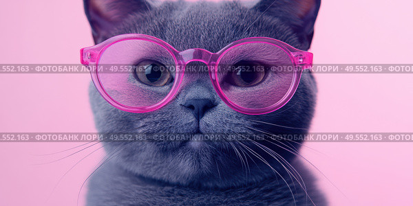 Close-up of a stylish gray cat wearing oversized pink glasses on a pastel pink background. Humorous, fashionable, and visually striking pet portrait with strong personality. Copy space. Banner. Стоковое AI-изображение, AI-художник Евгений Демидюк / Фотобанк Лори
