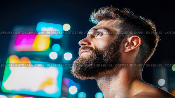 Close up of a thoughtful bearded man gazing upwards amidst a radiant cityscape glow, embodying urban wonder and future aspirations. Стоковое AI-изображение, AI-художник Данила Большаков / Фотобанк Лори