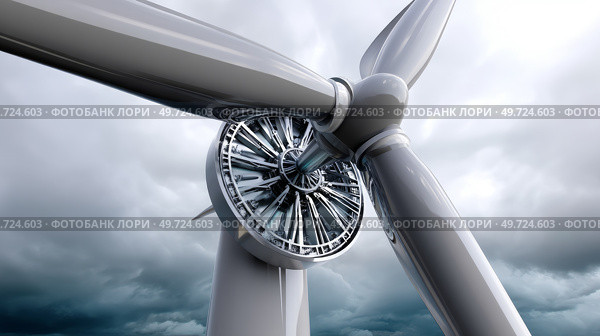 Close-up of a wind turbine blade in motion, futuristic detailing, dynamic lighting. Turbine Blades, High Precision Engineering. Large Fan Stack Layer Metal Part Rotor In Jet Engine Or Steam Power Plant. Стоковое AI-изображение, AI-художник ALLA YURTAYEVA / Фотобанк Лори