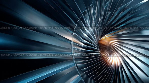 Close-up of a wind turbine blade in motion, futuristic detailing, dynamic lighting. Turbine Blades, High Precision Engineering. Large Fan Stack Layer Metal Part Rotor In Jet Engine Or Steam Power Plant. Стоковое AI-изображение, AI-художник ALLA YURTAYEVA / Фотобанк Лори