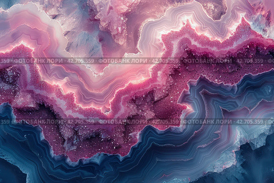 Close-up of an agate, a gemstone characterized by parallel bands of varying shades. Colors range from soft pink to deep burgundy, with vibrant crystal formations and whitish tops. Стоковое AI-изображение, AI-художник Анна Кривицкая / Фотобанк Лори