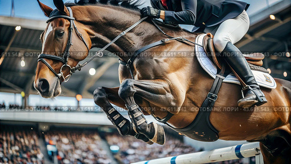 Close-up of an Olympic horse and rider jumping over an obstacle in an open arena, equestrian sport. The concept of the Summer Olympic Games. Стоковое AI-изображение, AI-художник Photojuli / Фотобанк Лори