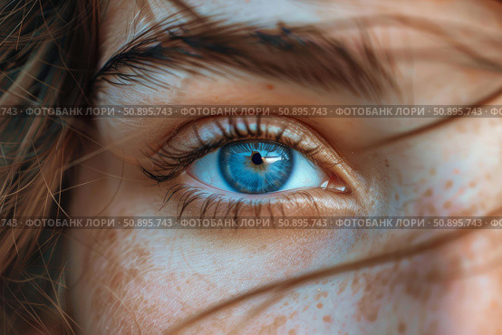 Close up of beautiful blue eye with long lashes and freckles emphasizing natural beauty. Стоковое AI-изображение, AI-художник Иван Рябоконь / Фотобанк Лори