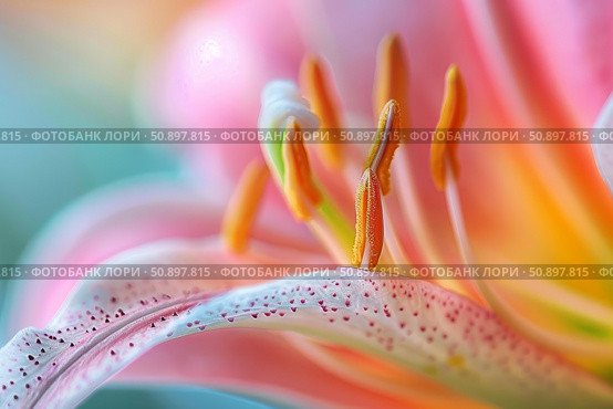 Close up of beautiful pink lily flower showing stamens and petals. Стоковое AI-изображение, AI-художник Иван Рябоконь / Фотобанк Лори