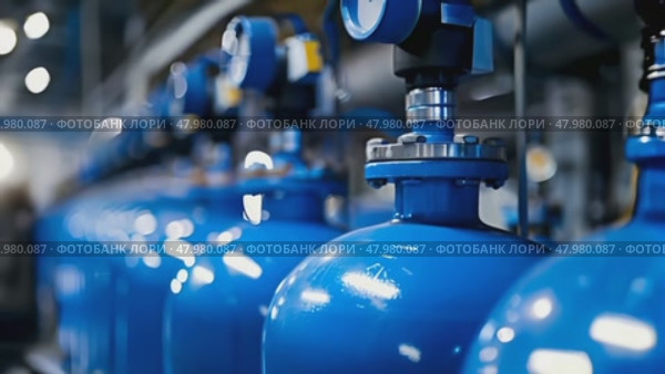 Close-up of blue industrial oxygen tanks arranged in a line within a production facility. Стоковое AI-видео, аниматор Михаил Строгалев / Фотобанк Лори
