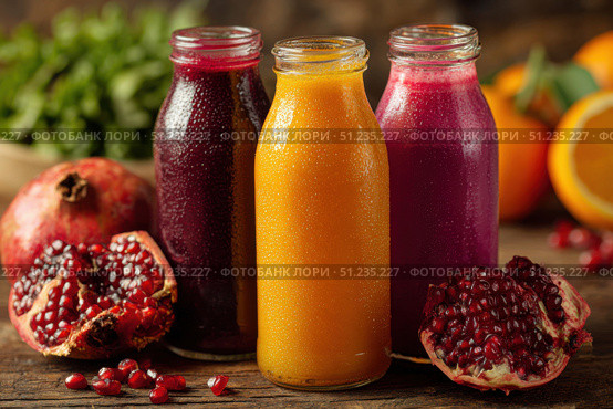 Close-up of bottles filled with colorful juice, surrounded by fresh fruits, vegetables on dark wooden table. Pomegranate, orange, apple, kiwi. Health and lifestyle idea. Vibrant delicious juice drinks. Стоковое AI-изображение, AI-художник Марина Демидюк / Фотобанк Лори