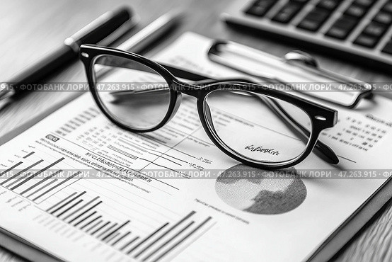 Close up of business workplace with financial reports and eyeglasses. Accounting. Крупный план рабочего места бизнесмена с финансовыми отчетами и очками. Бухгалтерия. Стоковое AI-изображение, AI-художник Katsiaryna Repich / Фотобанк Лори