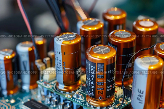 Close up of electrolytic capacitors on circuit board. Стоковое AI-изображение, AI-художник Иван Рябоконь / Фотобанк Лори