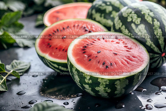 Close-up of fresh watermelon berries. Delicious berries and fruits of bright red color with drops of water. Vegetarianism. Healthy eating. Fresh fruits on the table. Стоковое AI-изображение, AI-художник Photojuli / Фотобанк Лори