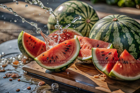 Close-up of fresh watermelon berries. Delicious berries and fruits of bright red color with drops of water. Vegetarianism. Healthy eating. Fresh fruits on the table. Стоковое AI-изображение, AI-художник Photojuli / Фотобанк Лори