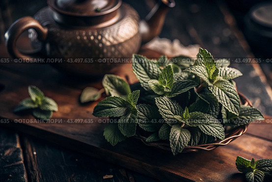 Close-up of green mint leaves. Leaves with noticeable veins and texture. Mint, lemon balm for brewing tea. Herbal tea for the nervous system. Стоковое AI-изображение, AI-художник Photojuli / Фотобанк Лори