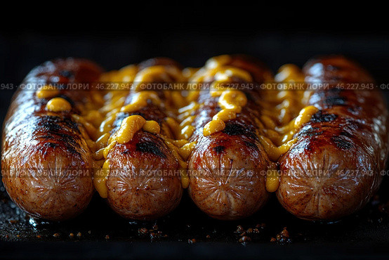 Close-up of grilled sausages with an appetizing crust. On top of them, yellow processed cheese is evenly distributed, slightly spread and caramelized, creating the effect of juiciness and piquancy. The sausages have a glossy shine due to the natural juice and oil released during the cooking process. The dark background emphasizes the rich colors of the dish, making it even more appetizing. Стоковое AI-изображение, AI-художник Анна Кривицкая / Фотобанк Лори