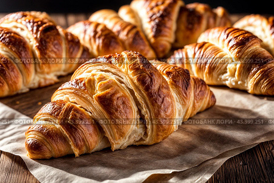 Close-up of homemade delicious croissants on table in restaurant. Variety of puff pastry buns cinnamon rolls and croissant on cafe table, still life. Cooking in bakery concept. Copy ad text space. Стоковое AI-изображение, AI-художник Aleksandr Golubev / Фотобанк Лори