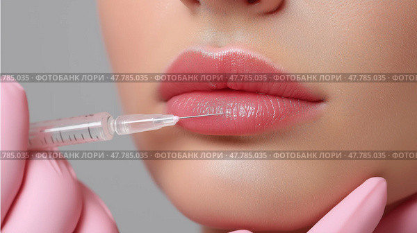 Close-Up of Lip Filler Injection – Needle and Syringe Procedure on Woman's Lips. Филлер для губ - один из самых популярных видов дермальных наполнителей, которые вводятся в губы женщины иглой и шприцем крупным планом. Стоковое AI-изображение, AI-художник Katsiaryna Repich / Фотобанк Лори