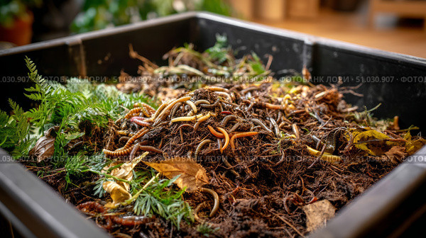 Close-up of natural, processed compost in a waste collection container with visible earthworms and waste residues. Стоковое AI-изображение, AI-художник ALLA YURTAYEVA / Фотобанк Лори