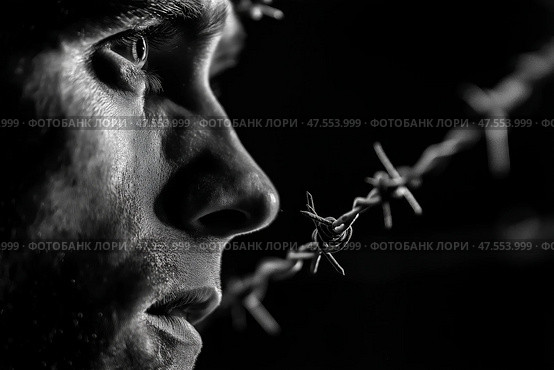 Close-up of person contemplating life with barbed wire in black and white. Человек задумчиво смотрит вдаль, подчеркивая сильные эмоции. На переднем плане видна колючая проволока, символизирующая конфликт или борьбу. Изображение запечатлело мощный момент размышления. Стоковое AI-изображение, AI-художник Katsiaryna Repich / Фотобанк Лори